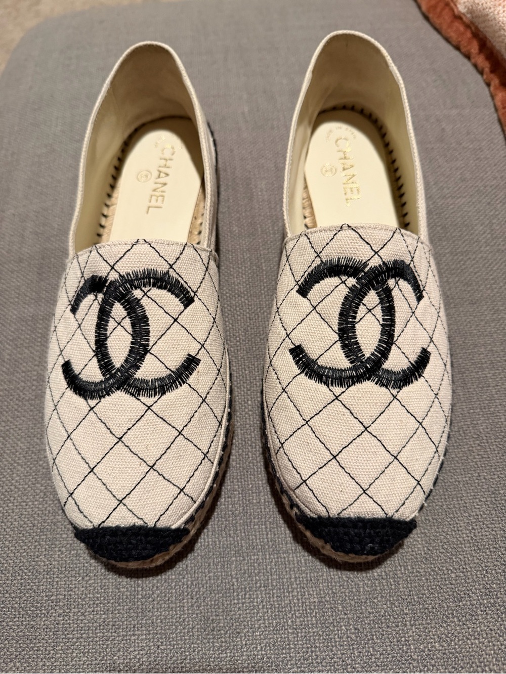 CHANEL Cream Espadrilles with Black Logo